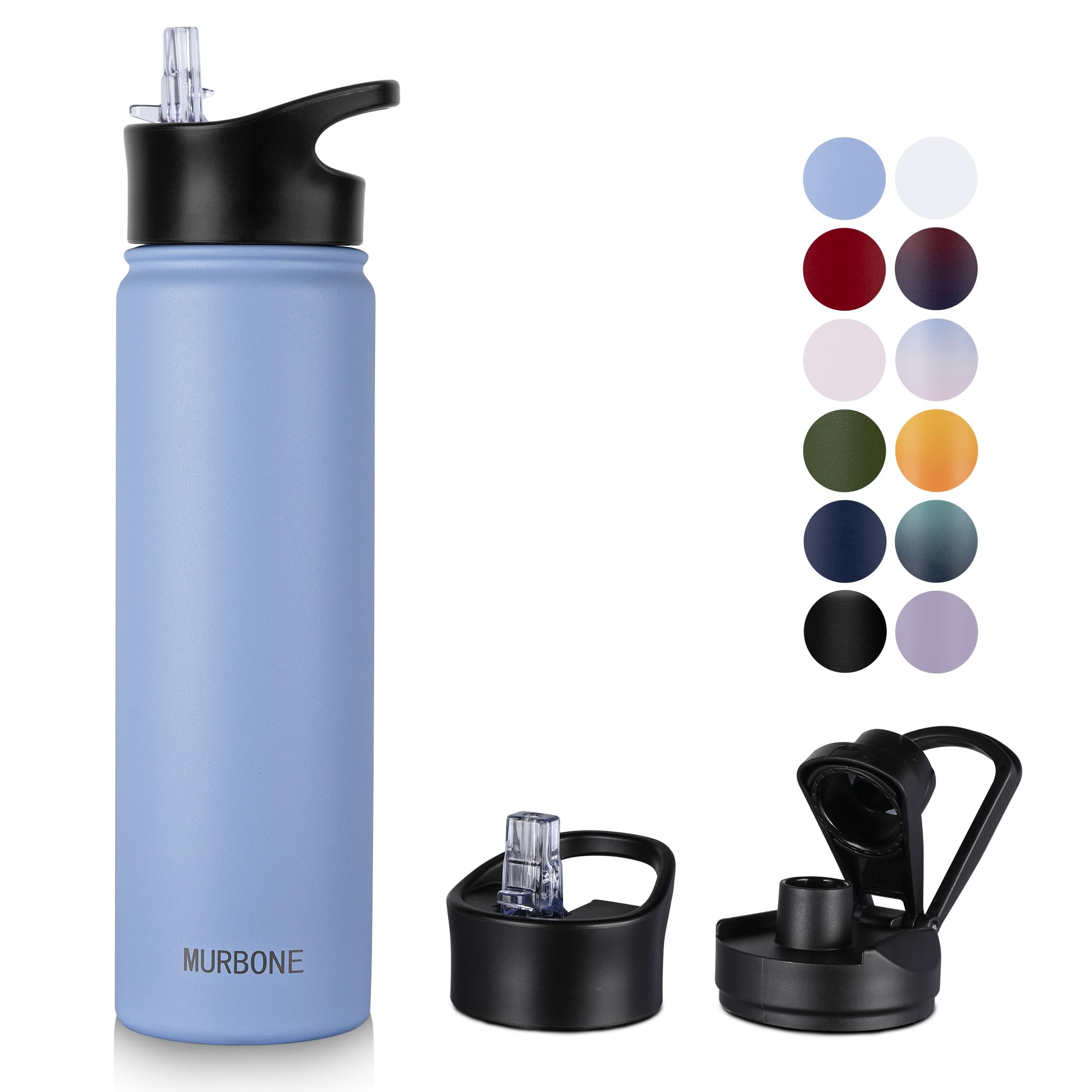 MURBONE Insulated Water Bottle, 750ml Stainless Steel Drink Flask with Straw, BPA Free, 2 Lids (Straw and Spout)