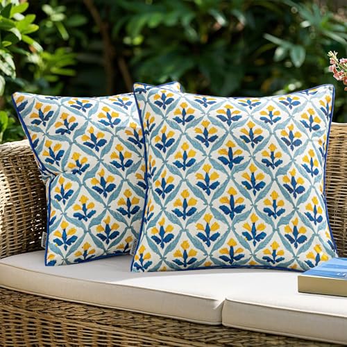 Image of MIULEE Pack of 2 Decorative Outdoor Waterproof Throw Pillow Covers Flower Print Chic Boho Accent Pillow Covers for Square Garden Patio Cushion 20x20 Inch, Light Yellow Blue