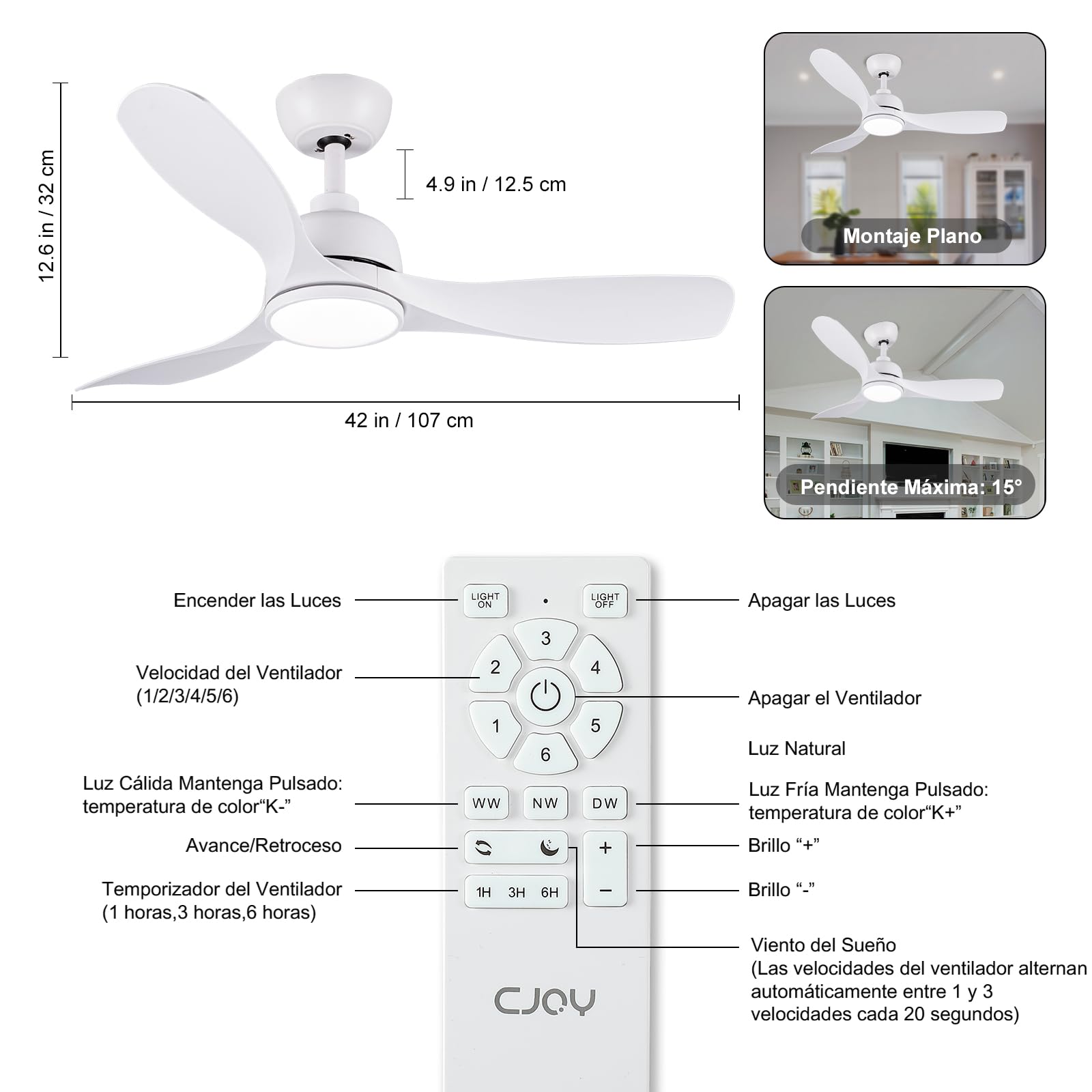 CJOY Ventilador de Techo con Luz 107cm, Blanco Ventiladores de Techo con Mando Silencioso, 6 Velocidades, Memoria 3 CCT, LED Regulable, DC Reversible, Temporizador, Para Dormitorio/Salón/Cocina