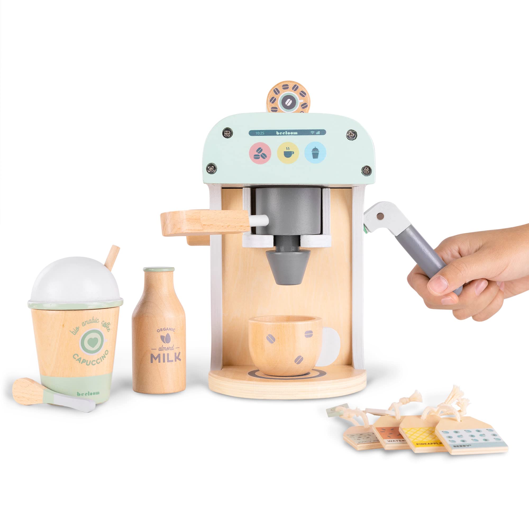 Beeloom - Cafetera de Madera Natural de Juguete Infantil, Lalapresso, Set Juego simbólico para niños y bebés, cápsulas Accesorios