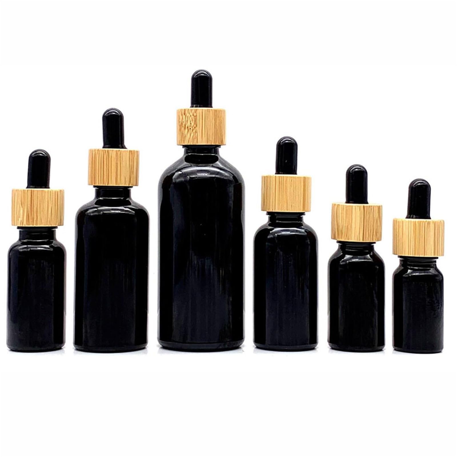 Contagocce Bottiglie liquide for aromaterapia in vetro smerigliato con contagocce for olio essenziale for massaggi, ricarica pipetta, coperchio in legno(Bright Black,Black top head,5x 50ml)