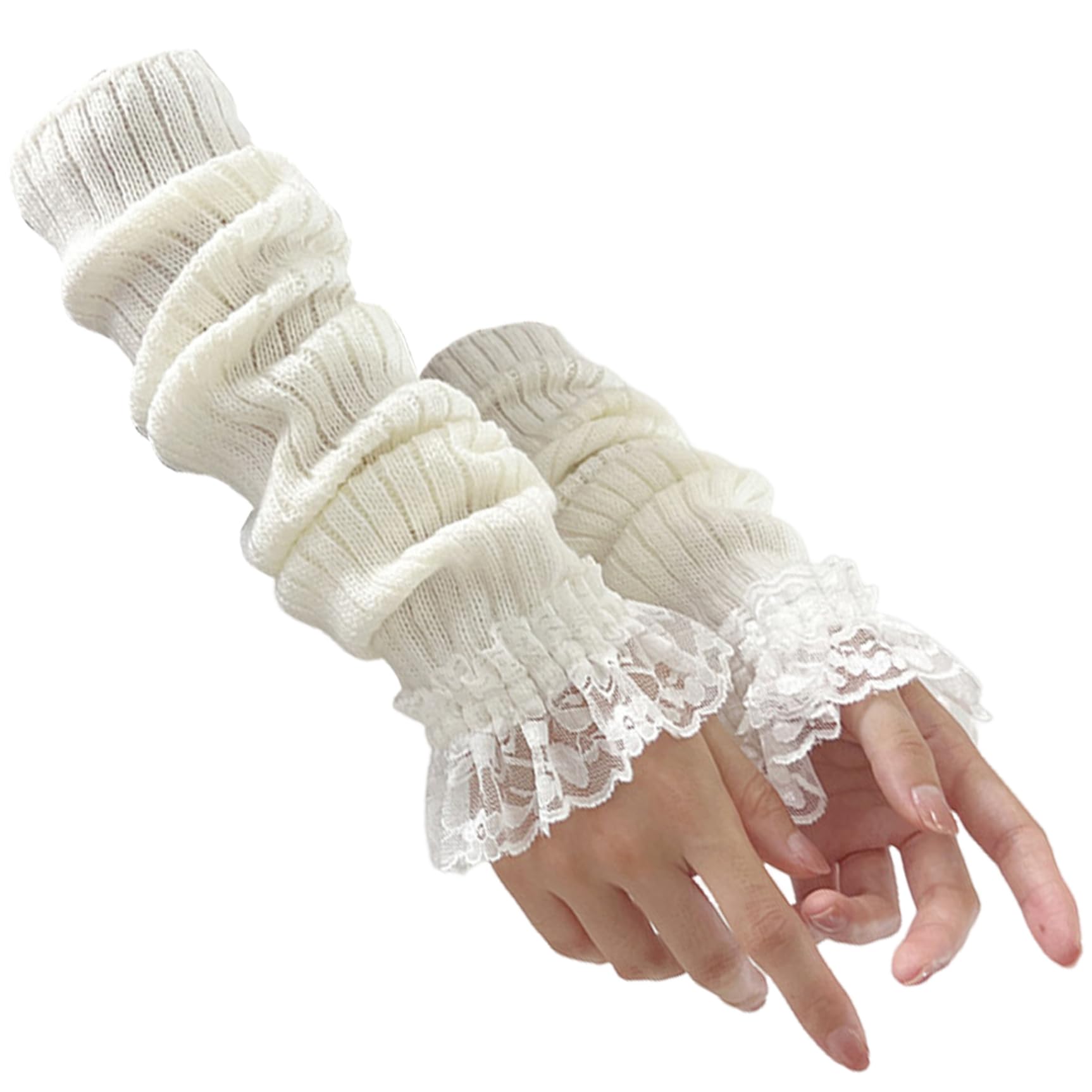 Knitted Arm Warmers, Kawaii Knit Wrist Warmers with Lace, Long Japanese Harajuku Goth Fingerless Sleeve for Goth, JK Uniform and Lolita Outfits/17.7, White, White