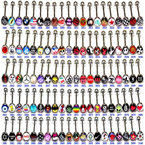 100 Funny Nasty Wordings Picture Logo Signs Tongue Rings 14G ~~Original Listing~~ Surgical Steel Metal Barbells