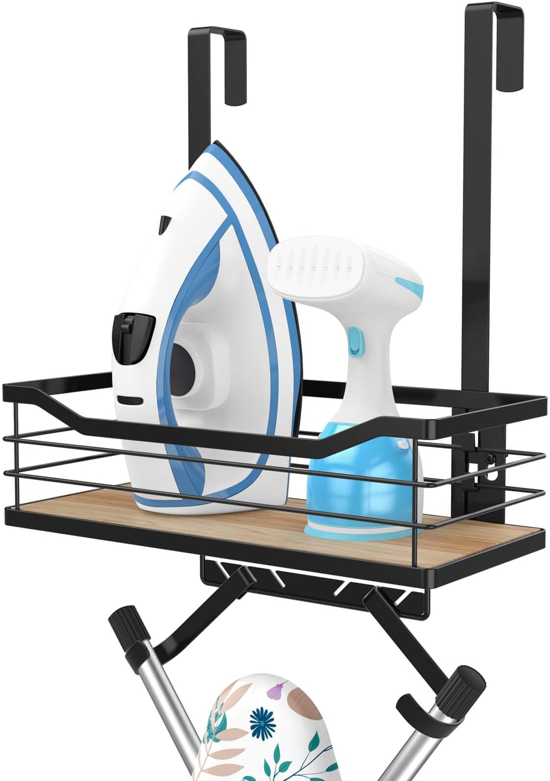 Ironing Board Holder Wall Mount - Laundry Room Organization and Ironing Board Holder Laundry Room Iron and Storage with Large Storage Wooden Base Basket and Removable Hooks(T&V Shaped)