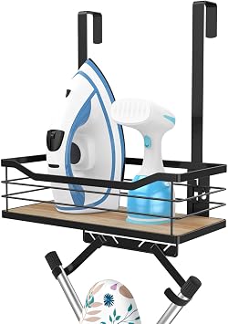 Ironing Board Holder Wall Mount - Laundry Room Organization and Ironing Board Holder Laundry Room Iron and Storage with Large Storage Wooden Base Basket and Removable HooksT&V Shaped