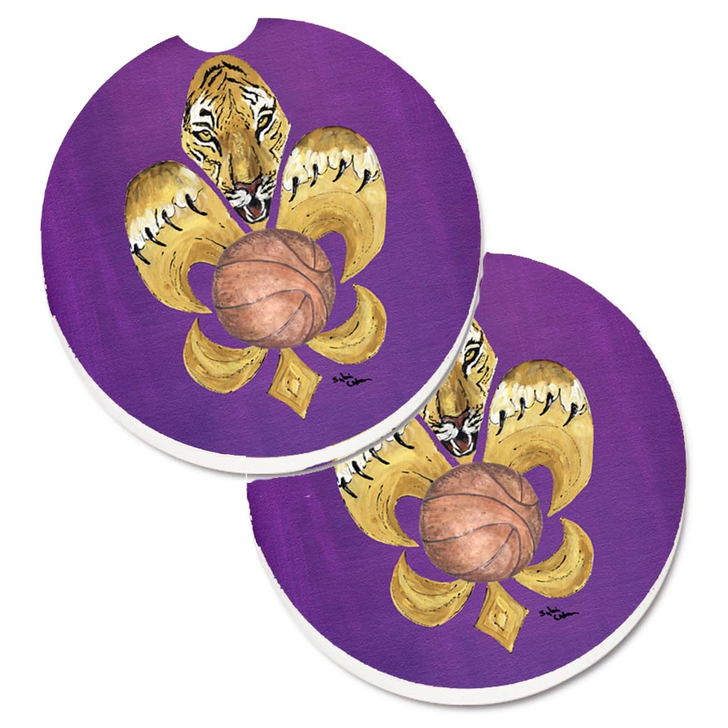 Caroline's Treasures 8478CARC Tiger Fleur de lis Basketball Set of 2 Cup Holder Car Coasters Absorbent Sandstone Coasters for Car Cup Holders Gifts for Men or Women, Large, Multicolor
