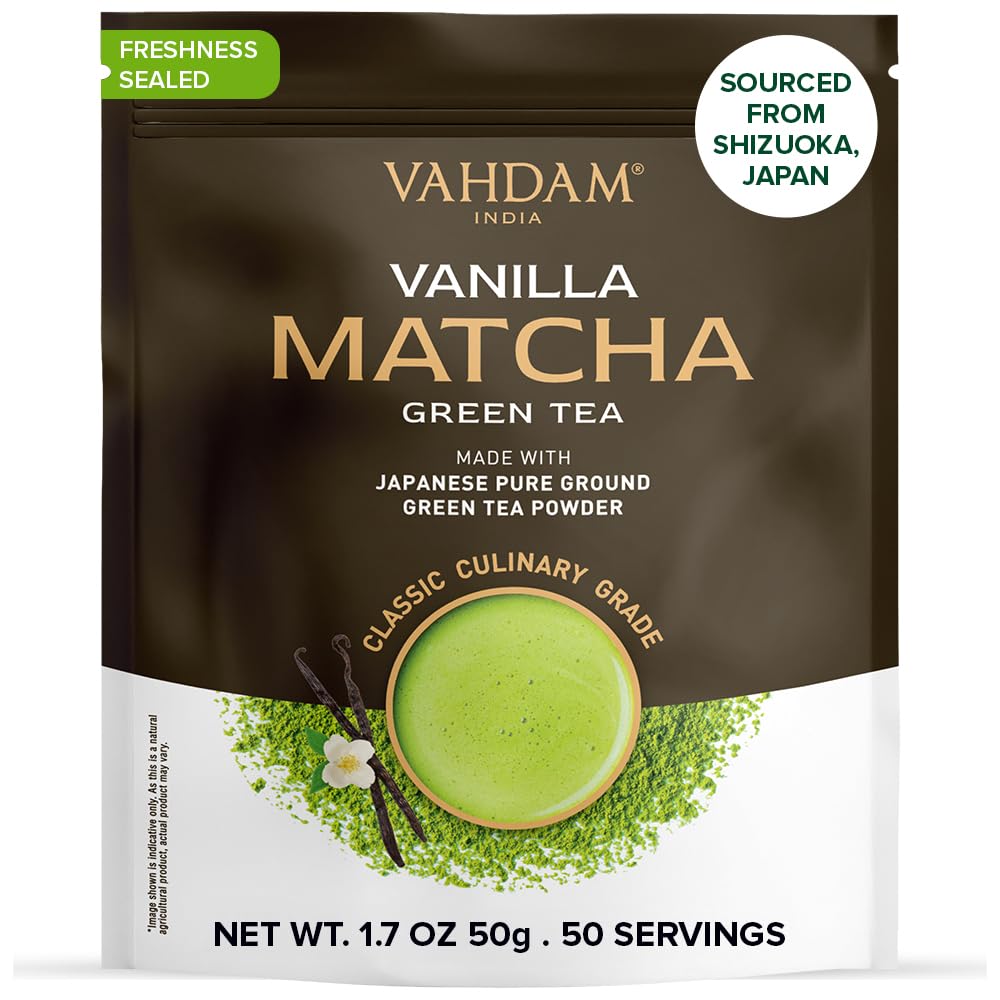 VAHDAMVanilla Matcha Green Tea Powder - 1.76oz | Pure Madagascar Vanilla + Premium Authentic Japanese Matcha | Hot or Iced - Vegan & Gluten-Free