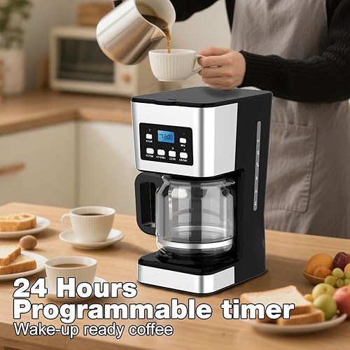 Miniatura 2 de Cafetera programable de 12 tazas, cafetera de goteo regular y fuerte para el hogar y la oficina, jarra de vidrio, pausa y servicio, apagado