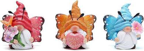Hodao Juego de 3 gnomos de mariposa de primavera, adornos de gnomos de mariposa, adornos escandinavos Tomte, decoración de elfo, regalos de verano,