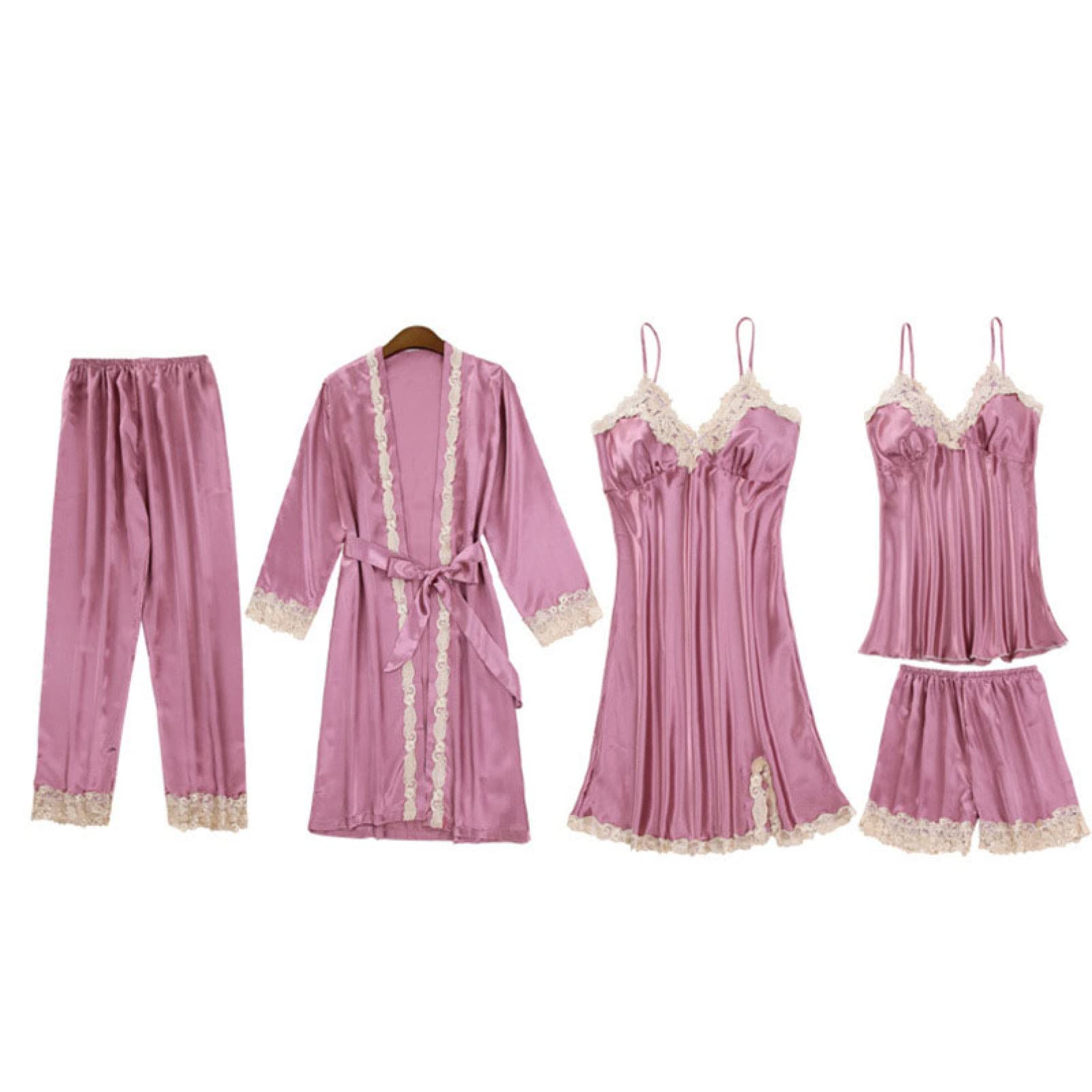 Conjunto de Ropa de Estar por casa para Mujer, camisón de Talla Grande, Camisones de 5 Piezas de Manga Larga, Ropa de Dormir Sexy para otoño e Invierno, Rojo-XX (Rosa X)