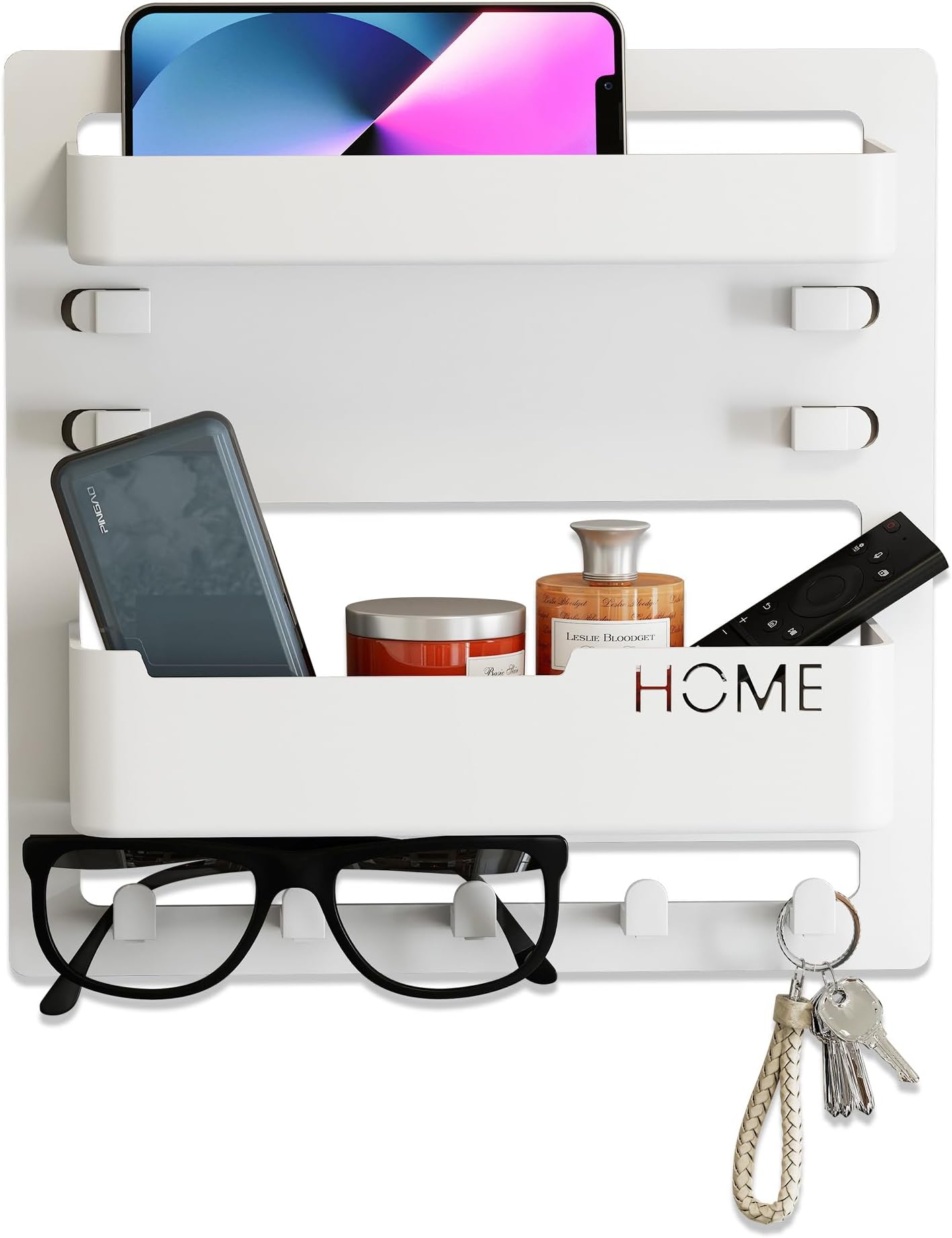 Bedside Wall Shelf Organizer, Floating Bedside Wall Mount with Adhesive for Phone, Remote & Keys, No Drill Small Shelf for Bedroom, Dorm & Small Spaces (White)