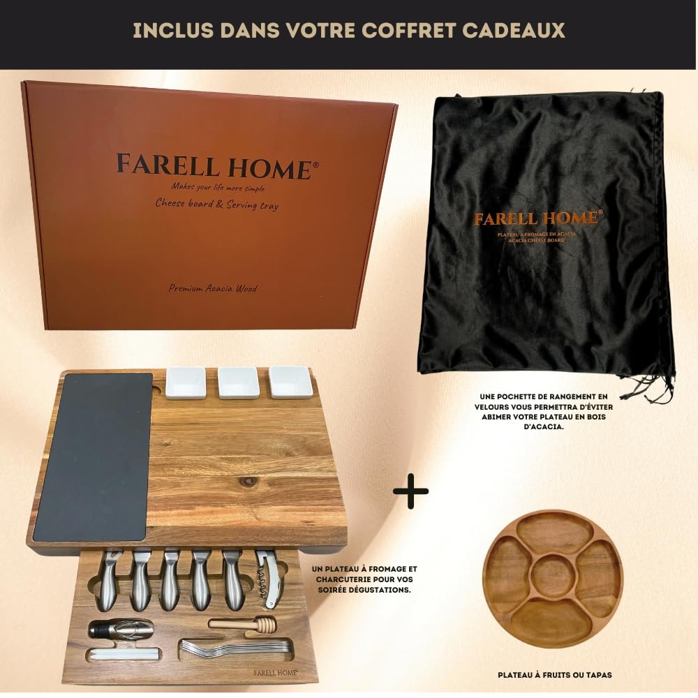 Plateau a Fromage & Charcuterie en Bois d'Acacia - Planche Complet pour l’Apéro – Couverts, Ardoise et Ramequin – Coffret Dégustation – Idée Cadeau. (Rectangulaire)