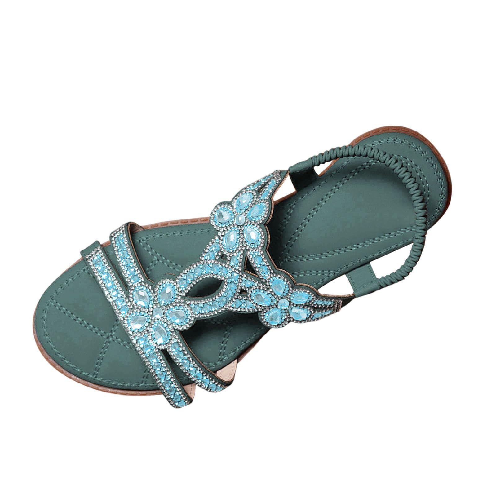 2026 Women's Sandals with Rhinestones Slingback Sandals with Elastic Ankle Strap Casual Bohemian Beach Shoes