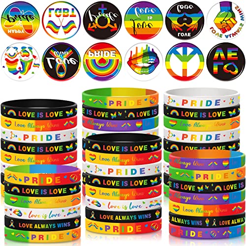 Harrycle 72 Pcs Pride Day Rainbow Accessories Include Gay Pride Day Silicone Bracelets LGBT Lesbian Rainbow Button Pin for LGBTQ Parade Bisexual Pride Rainbow Festival Party Gift Supplies Favor