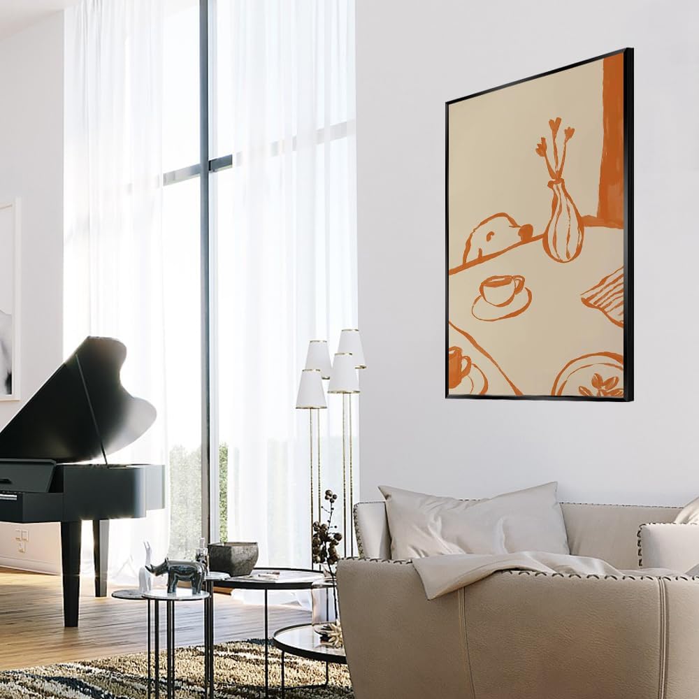 Sneaky Dog Kitchen Canvas Poster Abstract Scandi Breakfast Coffee Wall Art Whimsical Animal Pet Sketch Prints Painting Funny Minimalist Diner Home Decor for Living Room 12x16inch Metal Black Frame