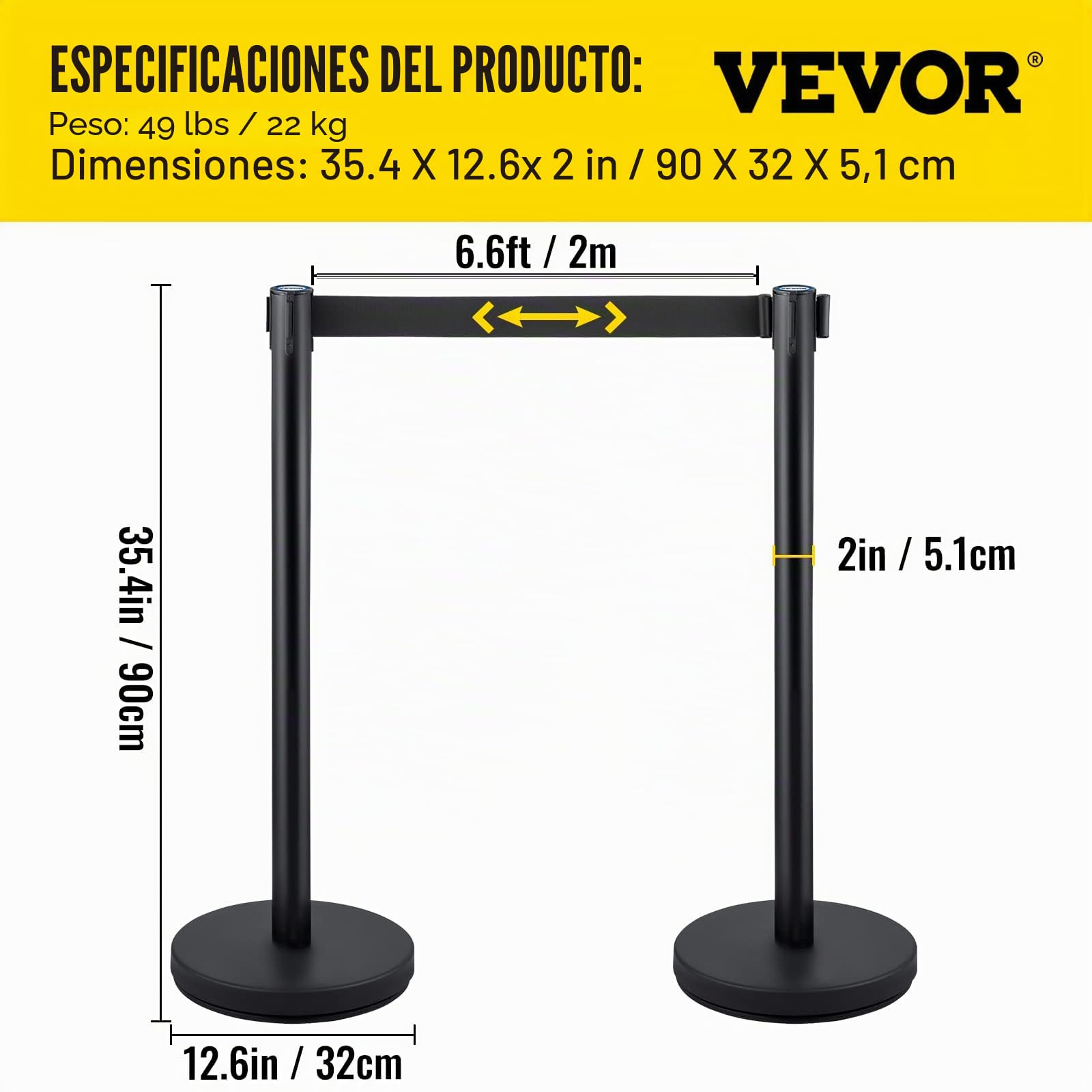 VEVOR Postes Separadores 4 piezas 90 cm Negros Poste Separador con Cinta Extensible 2 m Conexión 4 Vías 22 kg Postes de Barrera Control Multitudes Retráctiles Base Estable