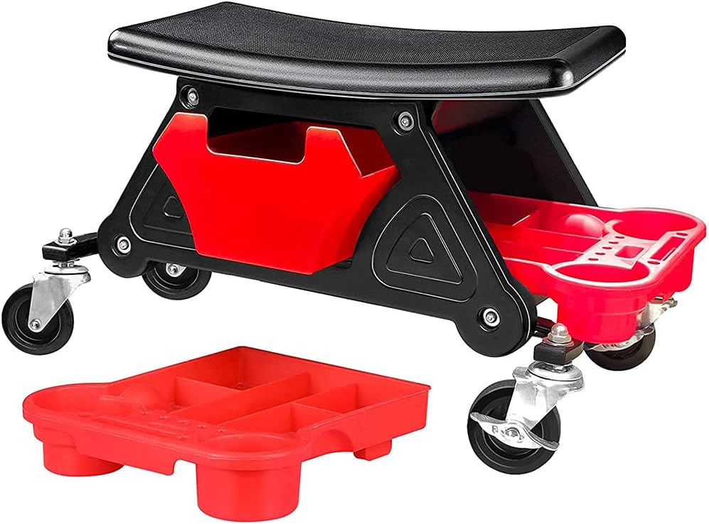 YUEWO Heavy Duty Roller Mechanics Seat and Brake Stool with 4-in. Rubber Swivel Casters Roll Over Anything, Big Seating Platform Slide