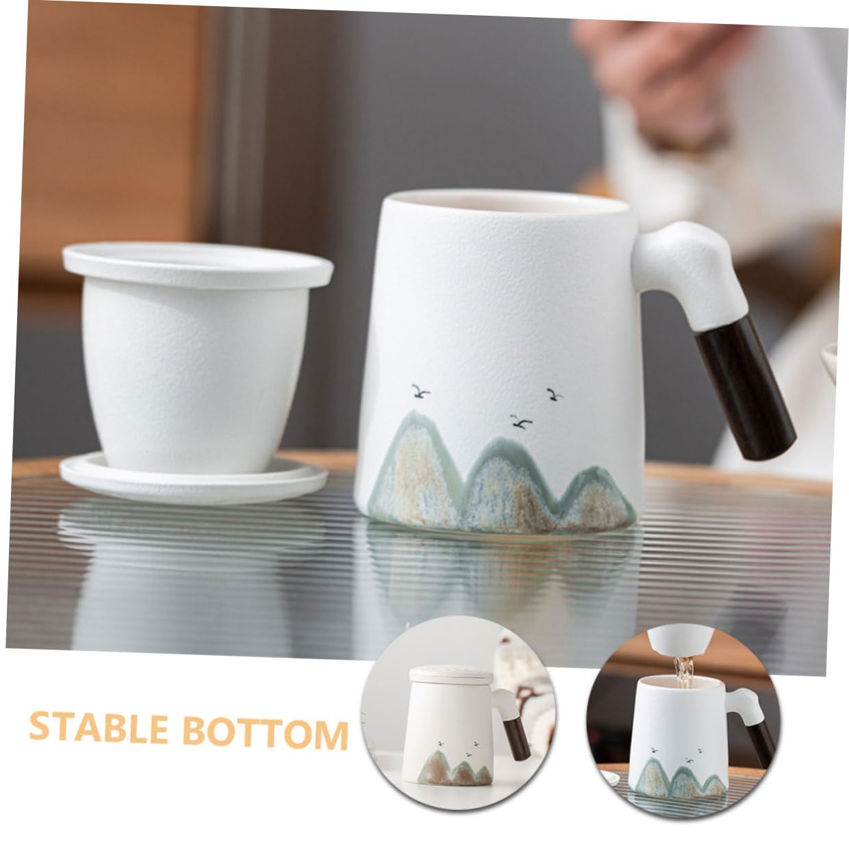 Taza de Cerámica con Tapa E Infusor para Té, Filtro Integrado para Hojas Sueltas, Diseño Blanco Adecuado para Uso en Escritorio