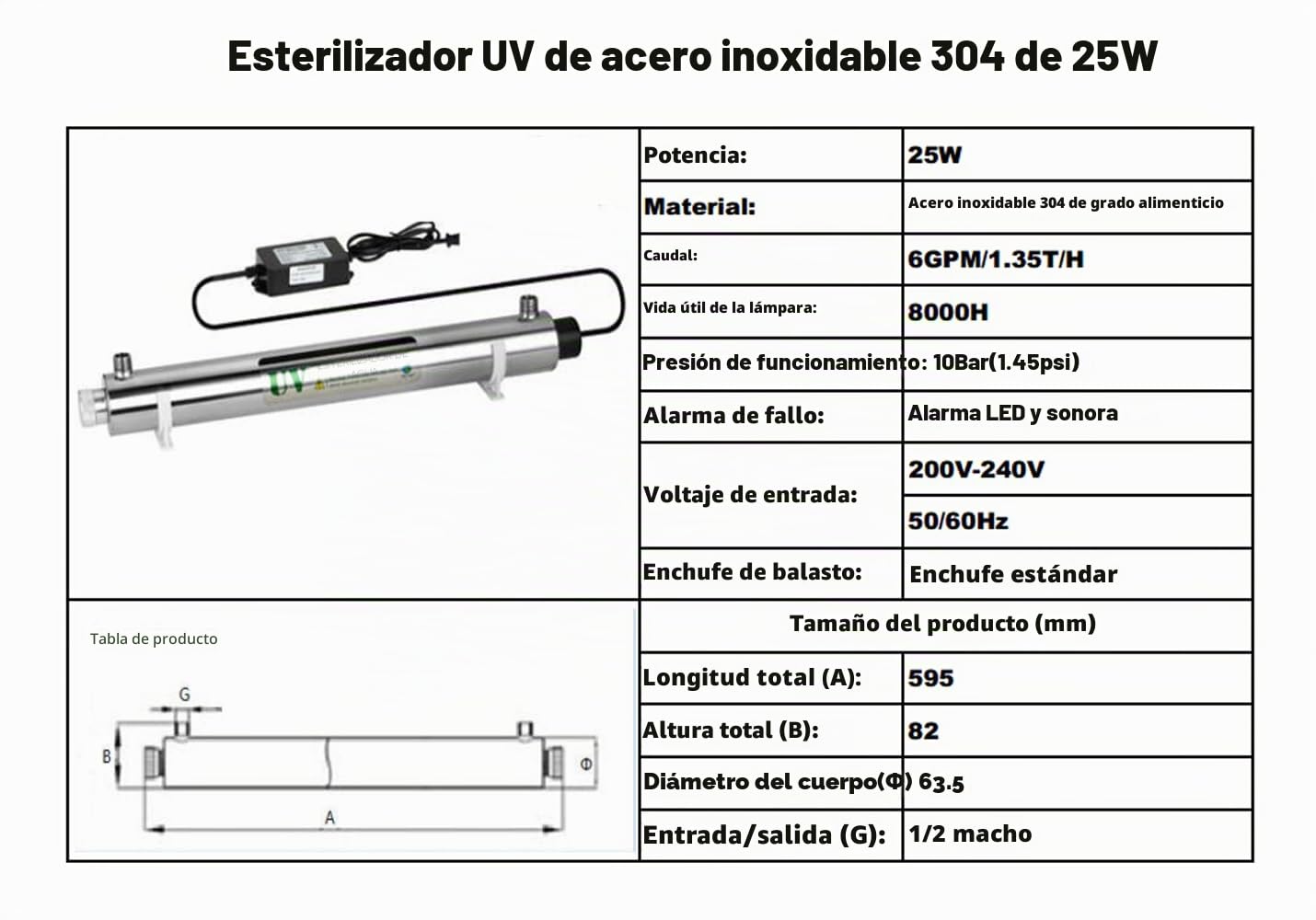 Filtro de agua UV 6GPM 25W Purificadores de agua UV, agregue 1 pieza adicional FILTRO-UV