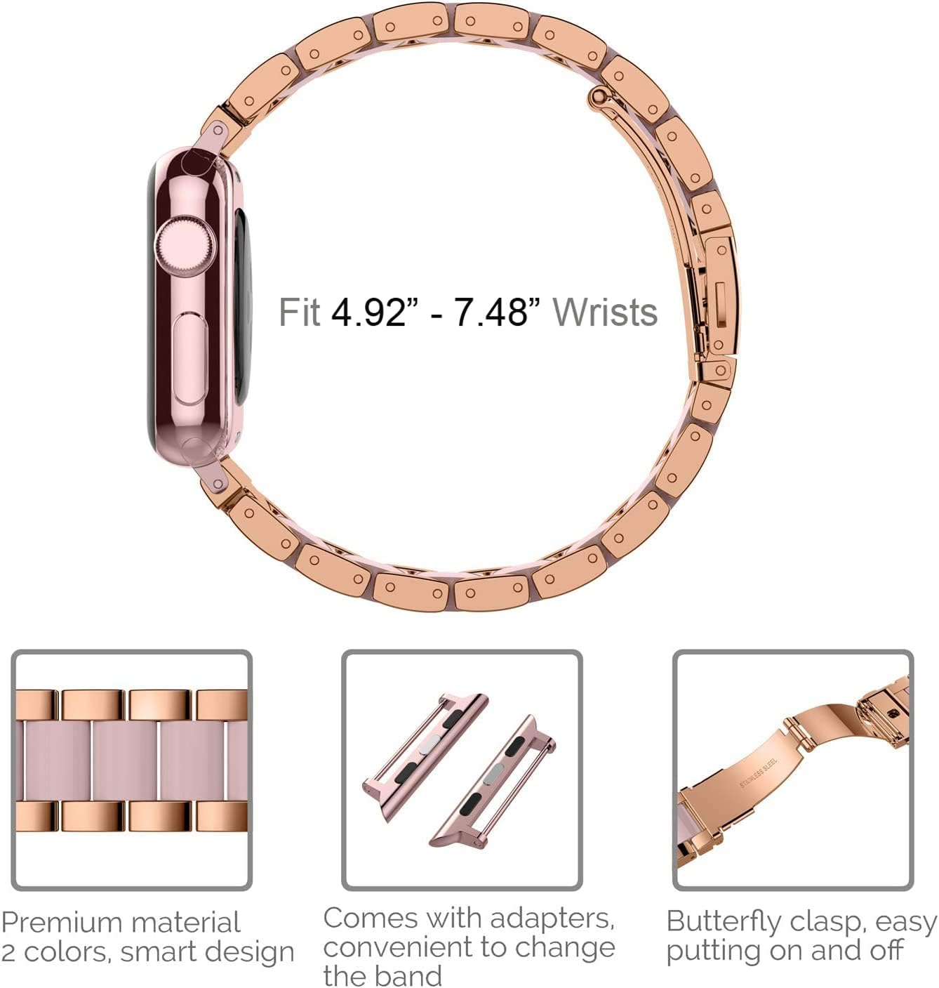 Wearlizer Compatible with Apple Watch Band 38/40/41/42mm Fashion Wristbands Women, Stainless Steel + Resin Metal Replacement for iWatch Series 11 10 9 8 7 6 5 4 3 SE/Ultra 3 2 1-Dark Rose Gold+Pink - Image 5
