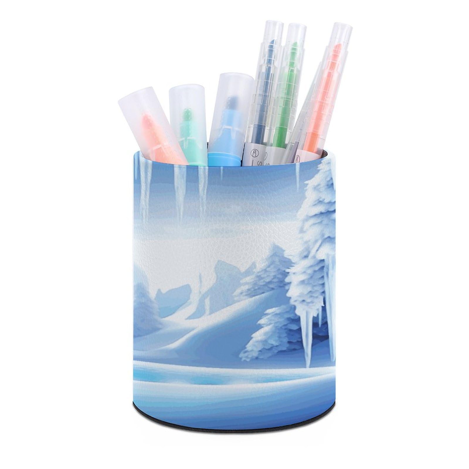 MUSM Snow Ice World Pen Holder Round PU Leather Pencil Cup Waterproof Pencil Holder for Desk Pen Cup Pen Organizer Pencil Organizer Makeup Brush Holders for Home Office Decor
