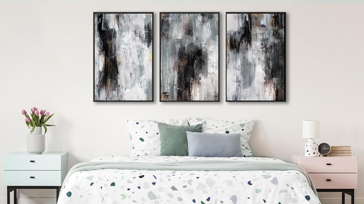 Large Framed Abstract Wall Art - Rustic Grayscale Painting Prints 24"x36" Set of 3, Minimalist Brushstroke Artwork Modern Industrial Canvas Pictures for Living Room Bedroom Office Decor