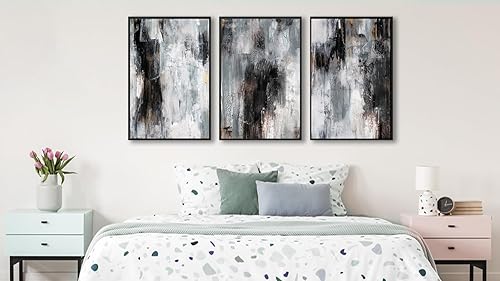 Miniatura 3 de Arte de pared abstracto enmarcado grande, pintura rústica para decoración de pared en escala de grises de 16 x 24 pulgadas, juego de 3 impresiones