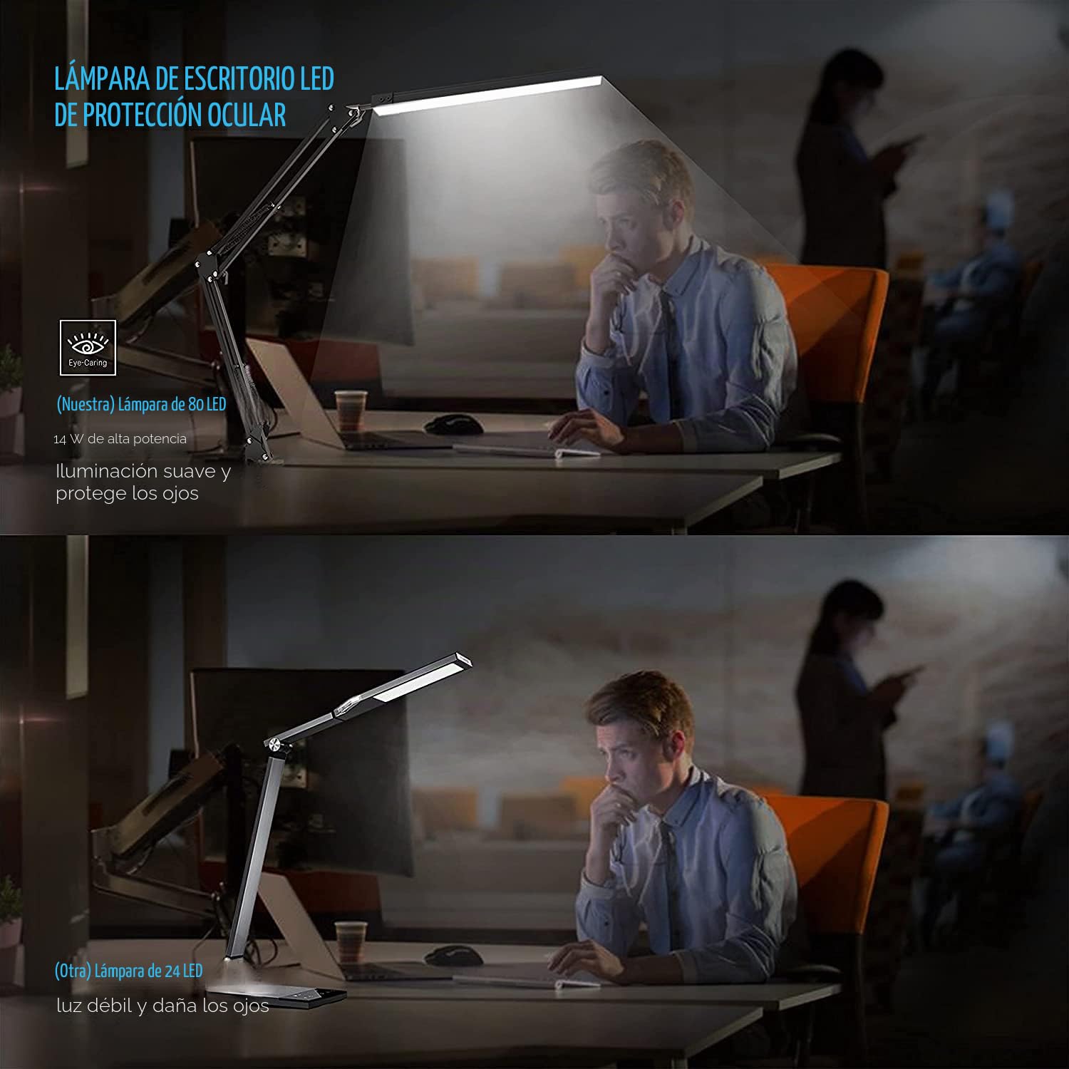 SKYLEO Lámpara Escritorio LED - Flexo LED Escritorio Potente con clip - Protección ocular Lampara - 3 modos de luz X 10 niveles de brillo - Negro