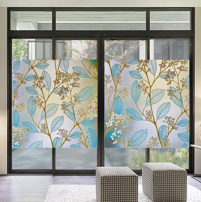Image of Decorative Glass Film Window Film for Glass Film for Windows Privacy - Blue Leaves24 X 24 Inchs