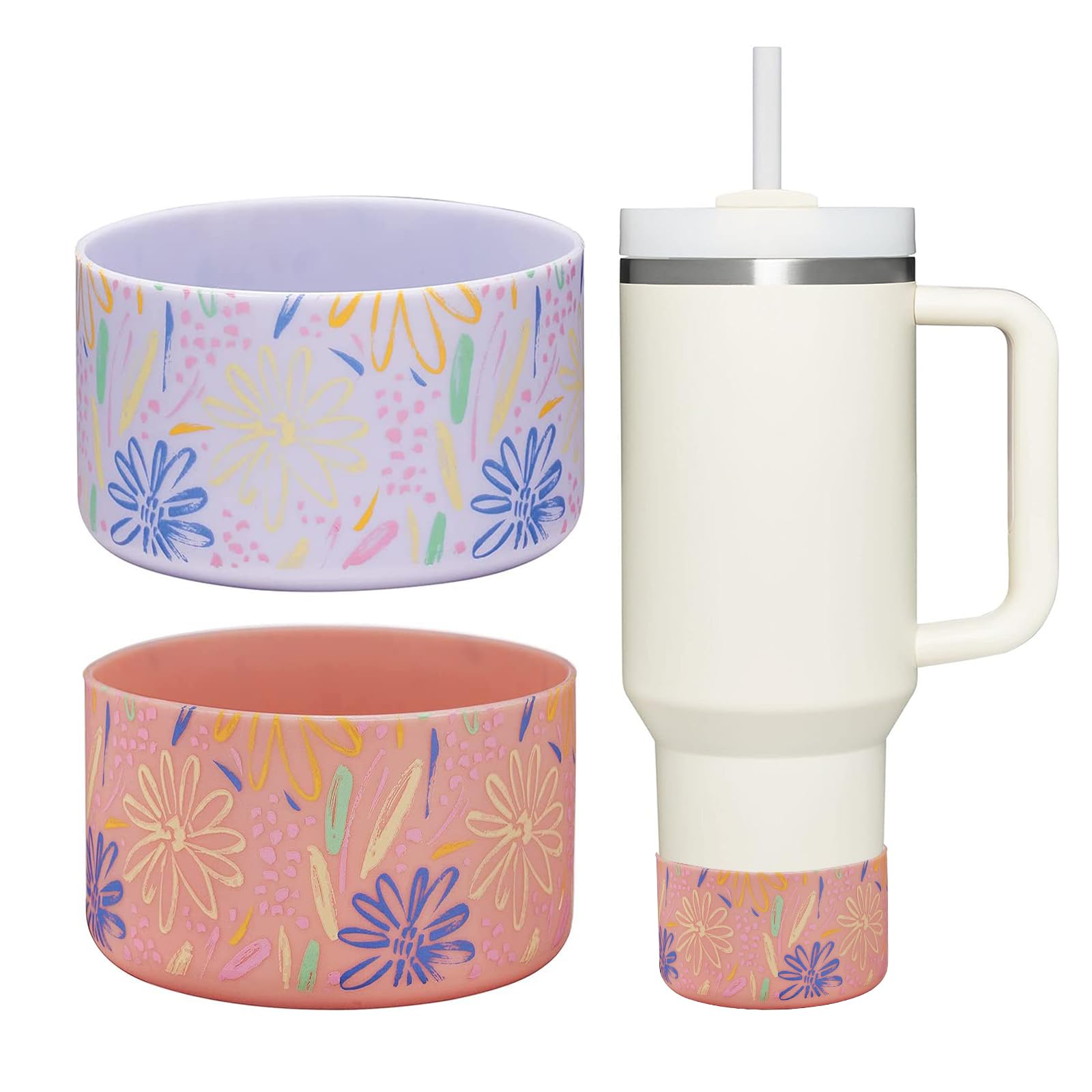 WK IEASON 2 Pcs Tumbler Bottom Protector Boot for Stanley Quencher Adventure 40oz & Stanley IceFlow 20oz 30oz and Compatible with Hydro Flask Water Bottle 12oz 21oz 24oz(Fresh Pink/Fog Flower)