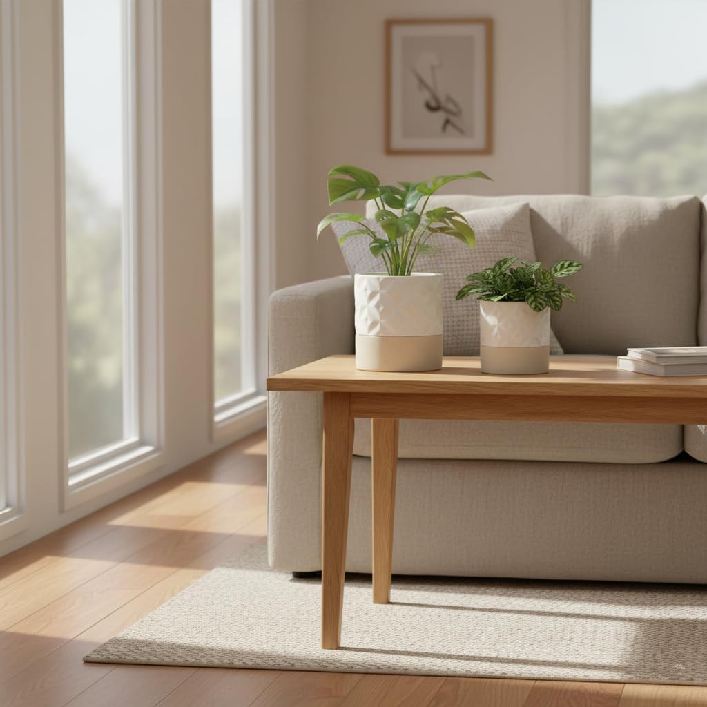 Nihow Self Watering Plant Pot for Indoor Plants: 4.5+6 Inch Ceramic Planter with Drainage Hole & Water Storage Plus - Cylinder Flower Pot with Wick for Herbs - Matte White & Brown Star