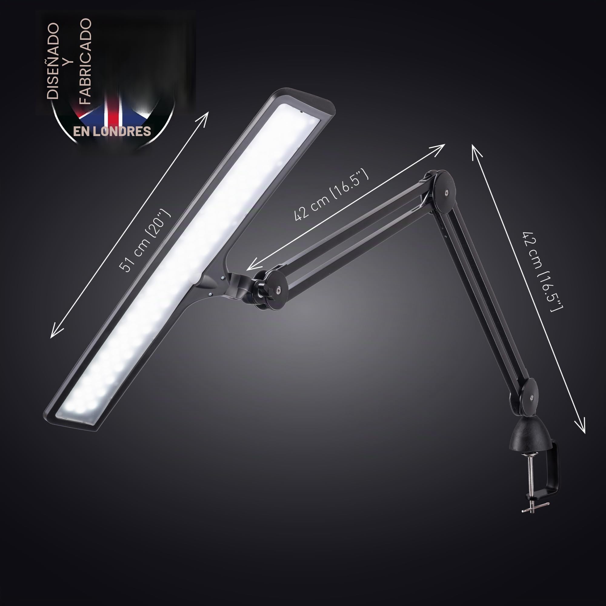 Daylight Lumi – Lámpara de Escritorio LED – 3800 Lux, 6000K, IRC 95+, Luz de Trabajo Ajustable para Lectura, Manualidades y Oficina, Lámpara Protección Visual, Negro