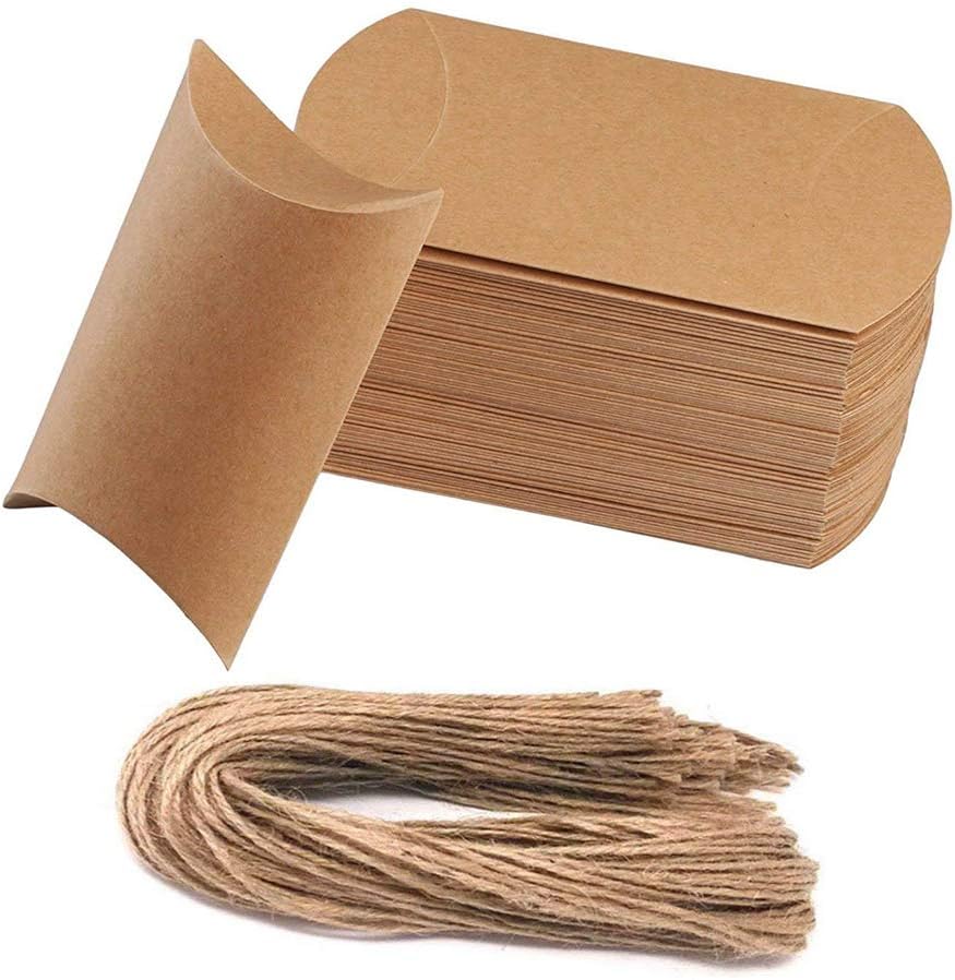 Vintage Kraft Boxes SAIYU 50 Pack Vintage Pillow Box Kraft Gift Bags with Jute Rope for Wedding Favor Gift Party Supply (Brown, 3.5 x 2.3 Inch)