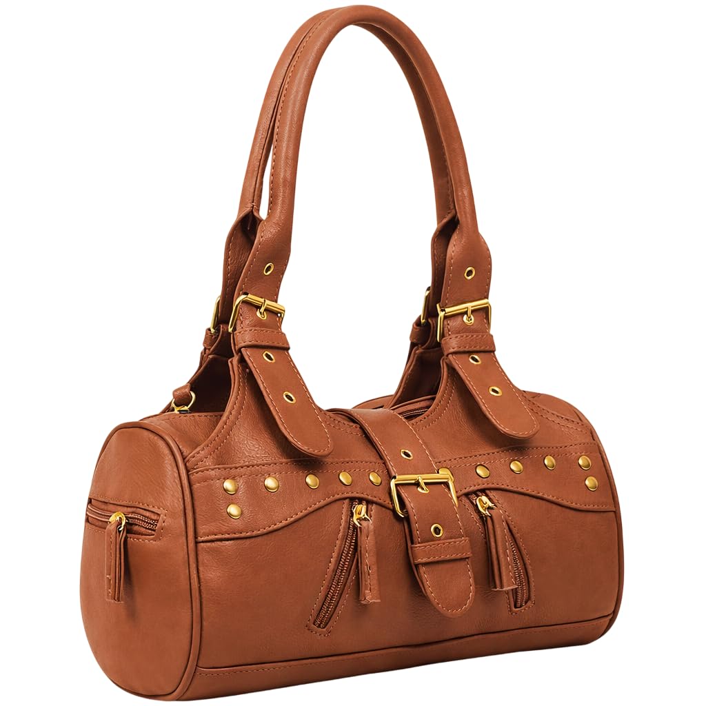 Eye Catch Women's Tan ’S Faux Leather Everyday Handbag Shoulder Bag With Twin Handles, Stud Detail & Zip Pockets