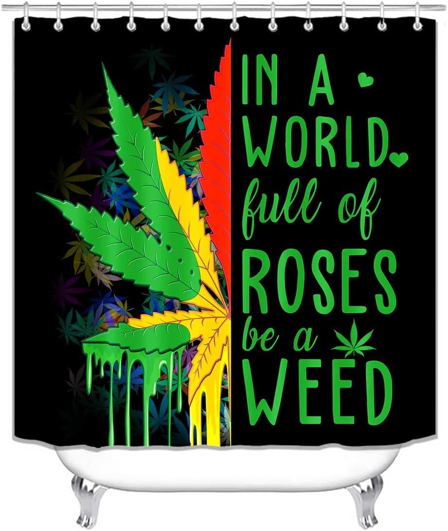 Jayden Madge 4PCS Green Yellow Red Maple Leaf Shower Curtain Set, Cool Inspirational Quotes Bathroom Decor for Teens, Non-Slip Bath Mat Toilet Rug, in A World Full of Roses