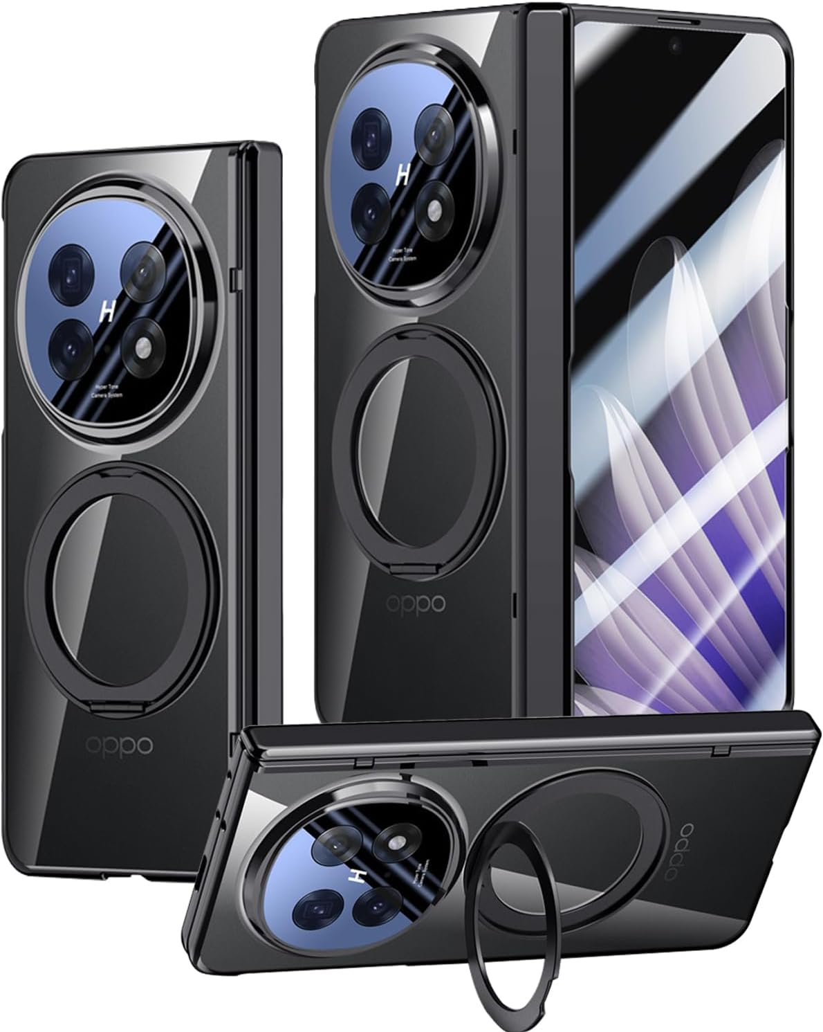 for Oppo Find N5 Case with Rotating Ring Holder Kickstand, Magnetic Case with Screen Protector Hinge Protection Wireless Charging Slim Crystal Clear PC Protective Cover for Oppo Find N5 Black