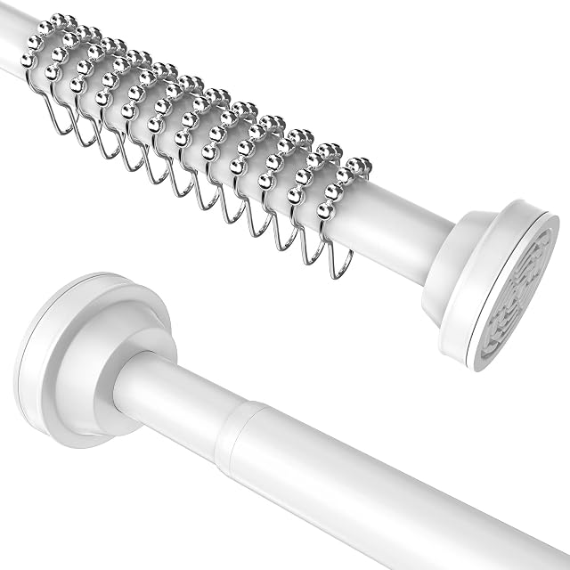 Misounda Extendable Shower Curtain Rod No Drilling Adjustable 25.59-45.27" Shower Curtain Rail with 12 Pcs of shower hooks for Wardrobe Pole, Shower Pole,Curtain Rod, Tension Rods-White
