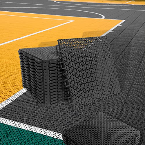 smabee 16 pcs Interlocking Rugged Deck Floor Tiles Non-Slip with Drainage Holes Plastic Mats for Boat Pool Patio Balcony Sports Area 9.8\"x9.8\"x0.47\" (Black)