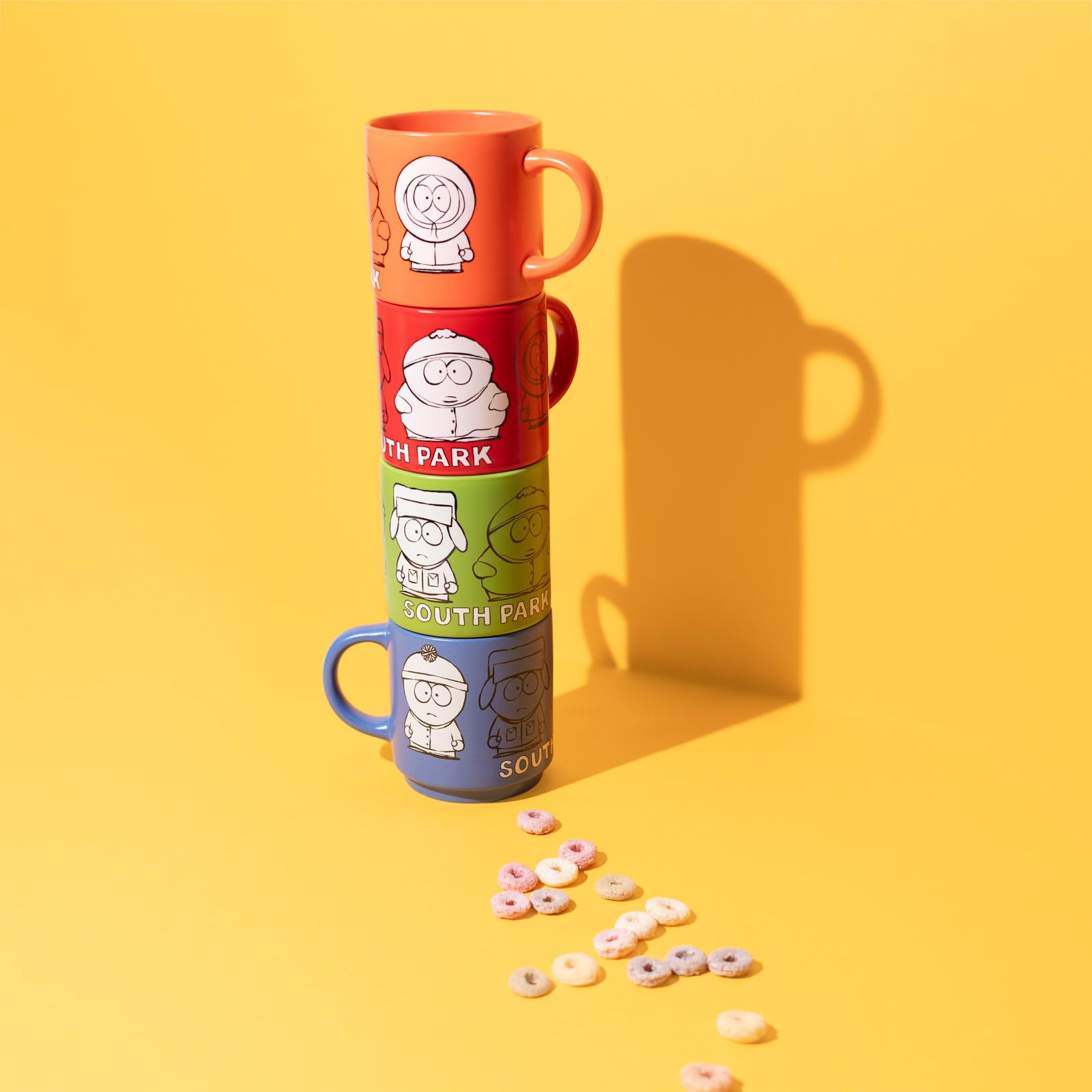 Grupo Erik South Park Set 4 Tazze 300 ml | Set Tazze Colazione Porcellana | Impilabili, con Supporto Metallico, Adatte Lavastoviglie e Microonde, Tazzine Caffè Particolari, Idee Regalo