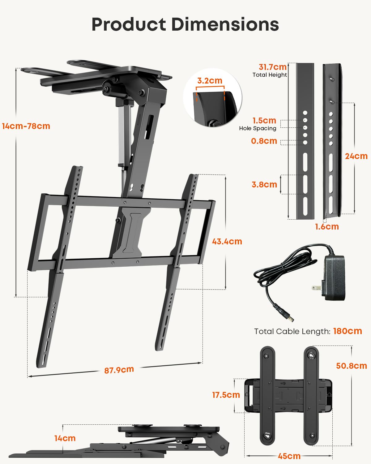 Supporto TV da Soffitto Elettrico per TV 37-86 Pollici, Staffa TV Motorizzata Pieghevole e Inclinabile con Telecomando, Portata 45 kg, Piastre di Estensione VESA, Nero