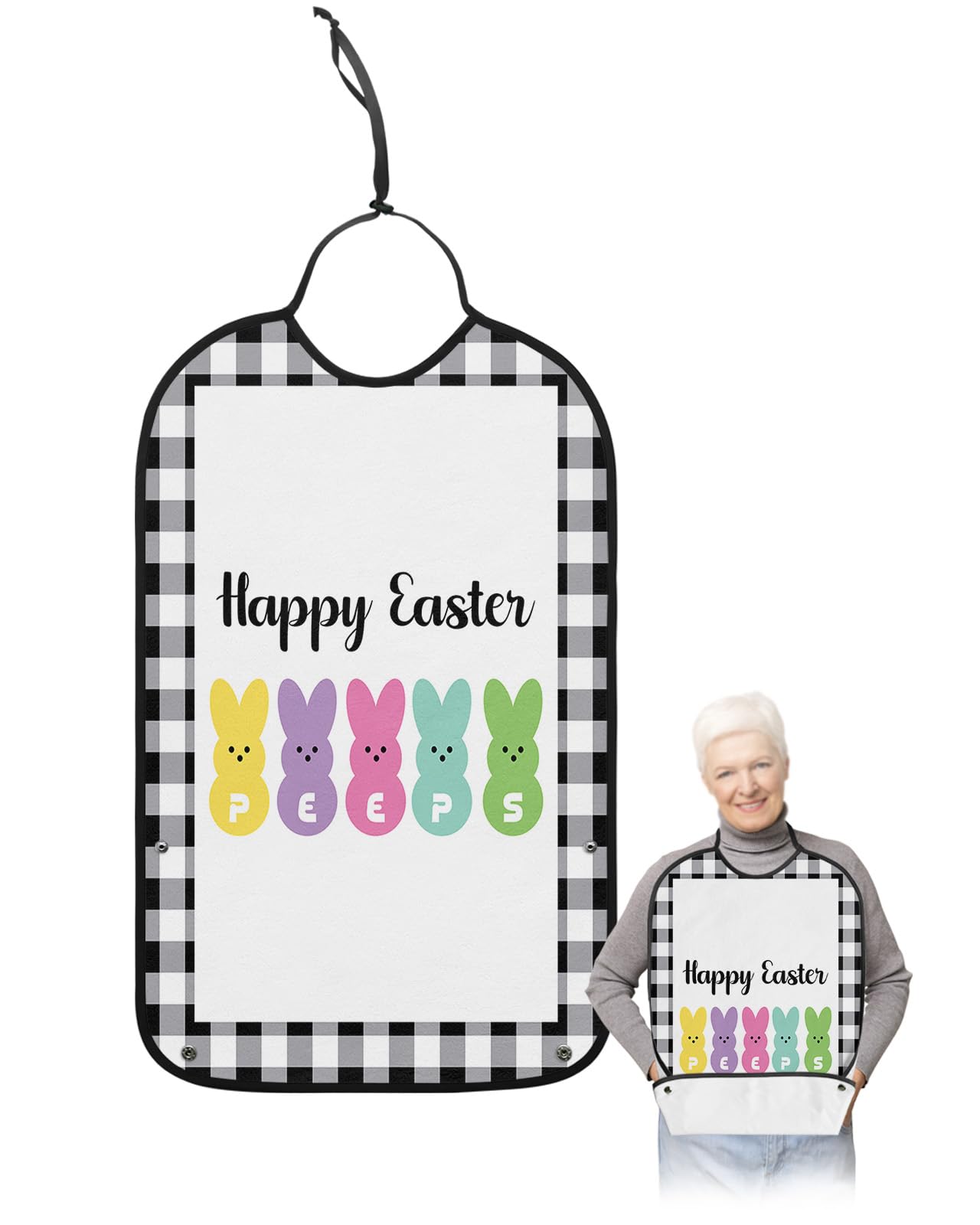 Kewadony Adult Bibs for Elderly Women - Happy Easter Waterproof Dining Clothing Protectors with Crumb Catcher for Eating/Feeding, Spring Colorful Bunny on Black Buffalo Plaid Terry Cloth Bib Washable
