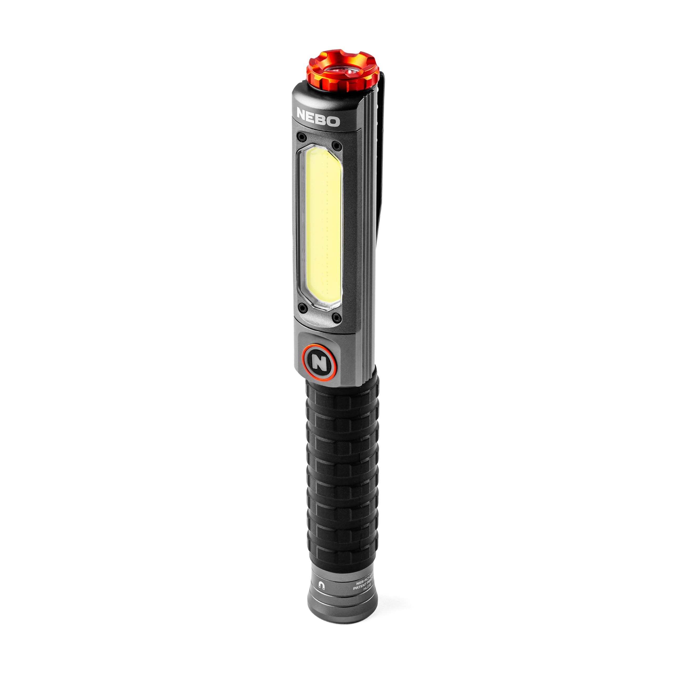 NEBO Big Larry Pro Plus - 600 Lumen Torch with COB Work Light - Pocket Clip Magnetic Base for Hands-Free Lighting - Portable COB LED Dimmable Flashlight - Hazard Light-Red,Steel Grey