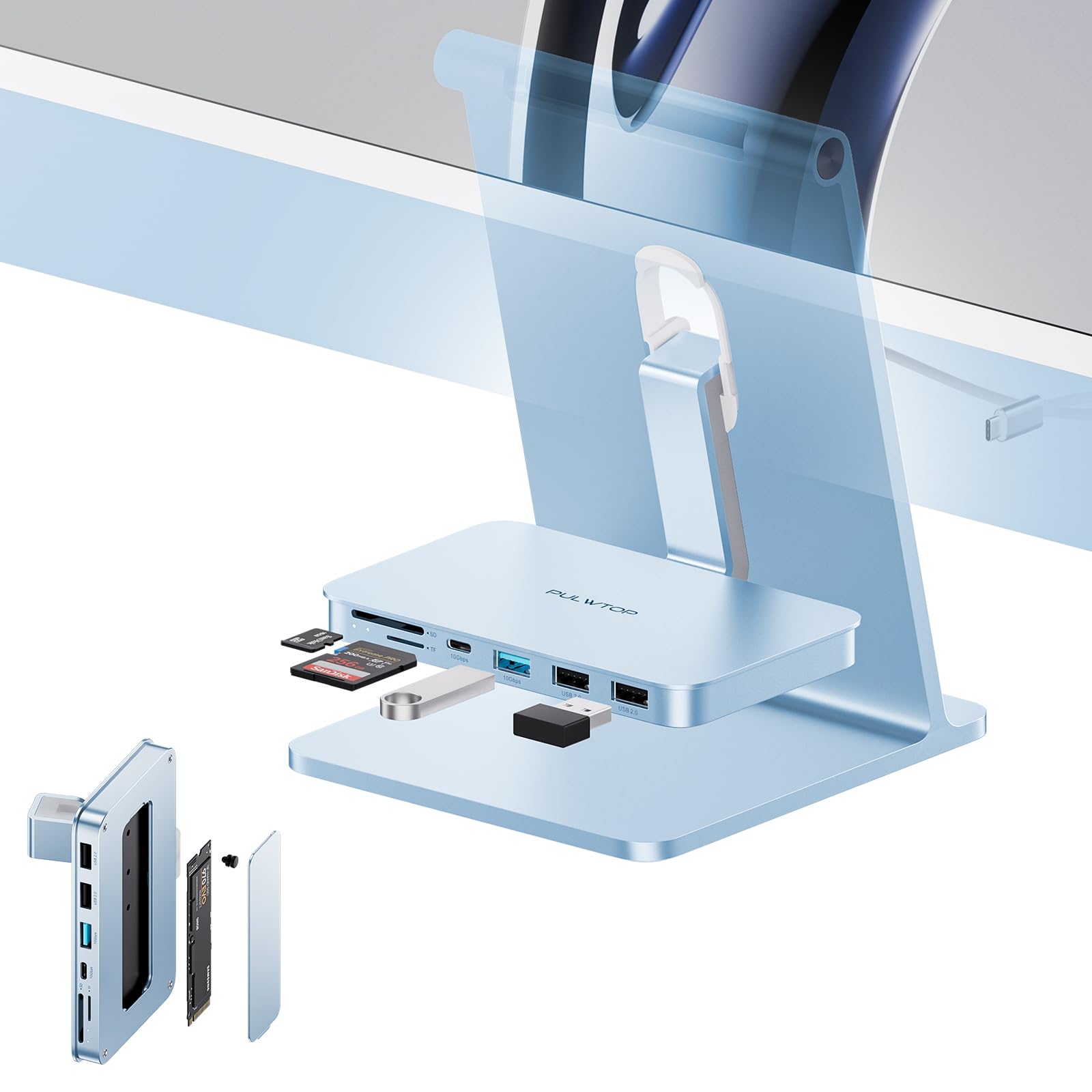 Accesorios para iMac de 24 Pulgadas con Carcasa para SSD M.2 NVMe | PULWTOP iMac USB HUB con USB A/C 10 Gbps, SD/TF, M.2 SSD Case, USB C Hub para iMac M1/M3/M4 & Studio Display 27"-Azul