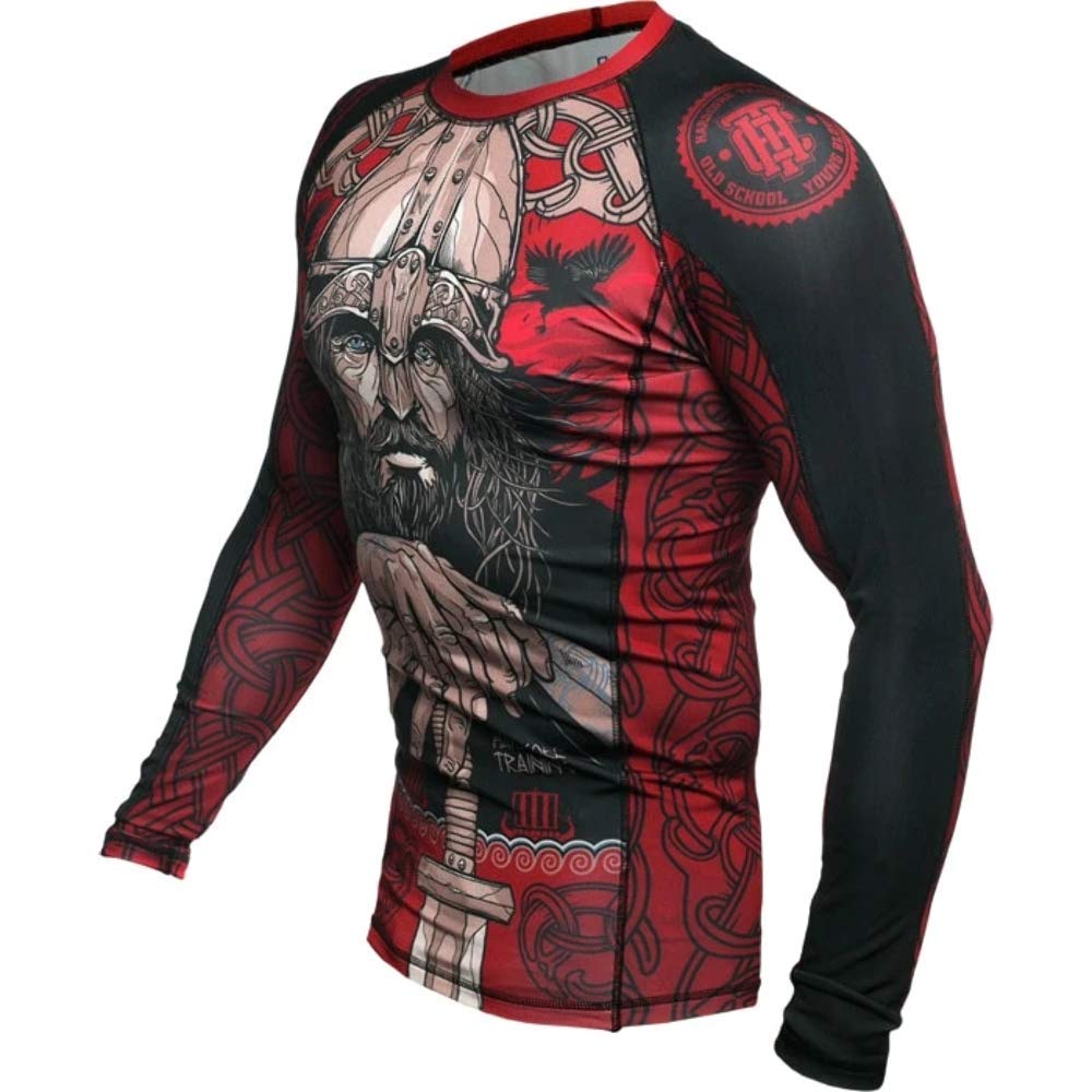Hardcore Training Rash Guard Mężczyźni Kompresja Koszulka Długi Rękaw BJJ MMA No-Gi Obcisła Grappling Boks (DE/NL/SE/PL, Alfa, 4XL, Regularny, Regularny, Red/Black/Grey)