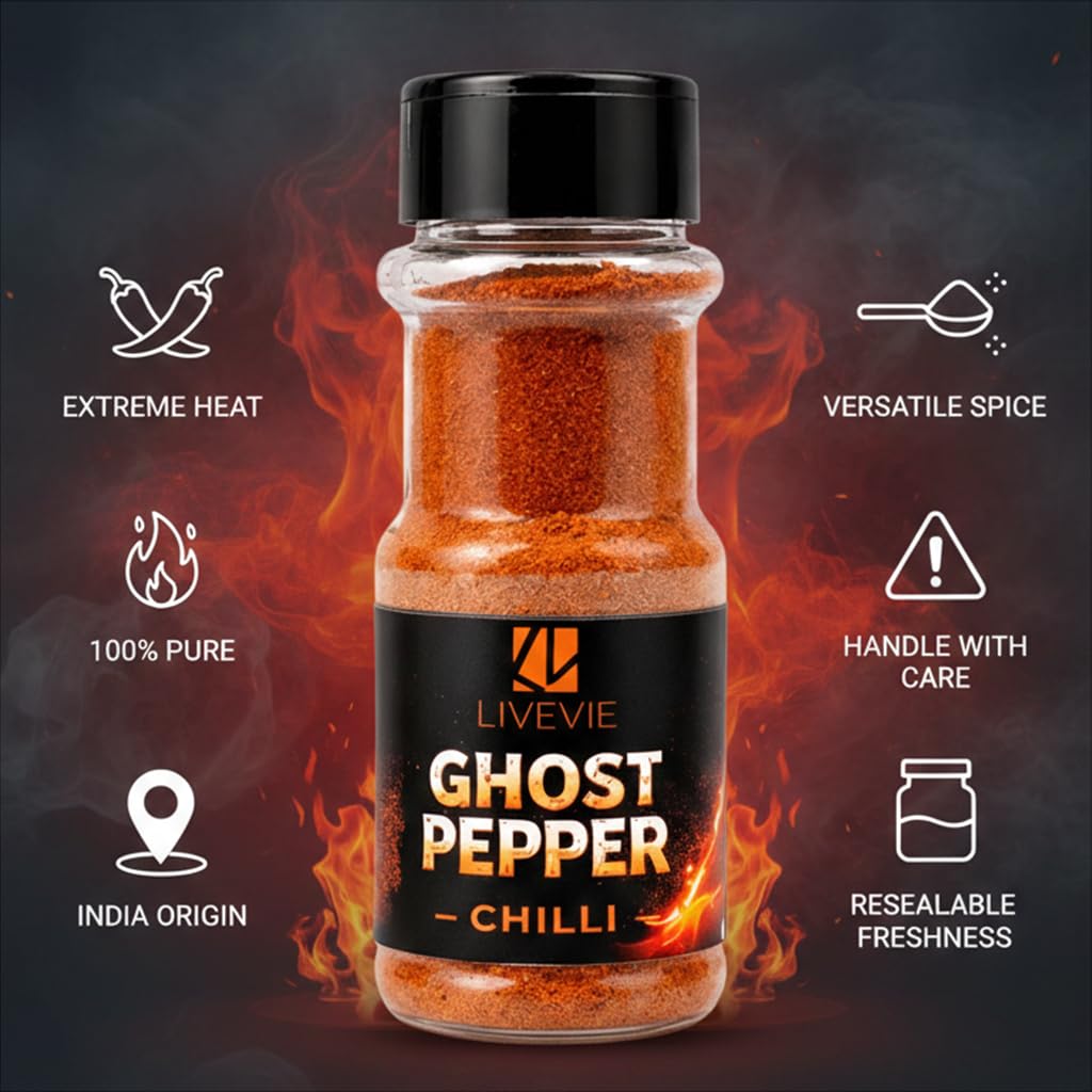 LIVEVIE Ghost Chilli Powder (Pack of 3) – 48g / 1.7 oz Per Jar – Authentic Extra Hot Ghost Pepper Powder – Pure Ground Smoky Chili – No Preservatives, Natural – Total 144g