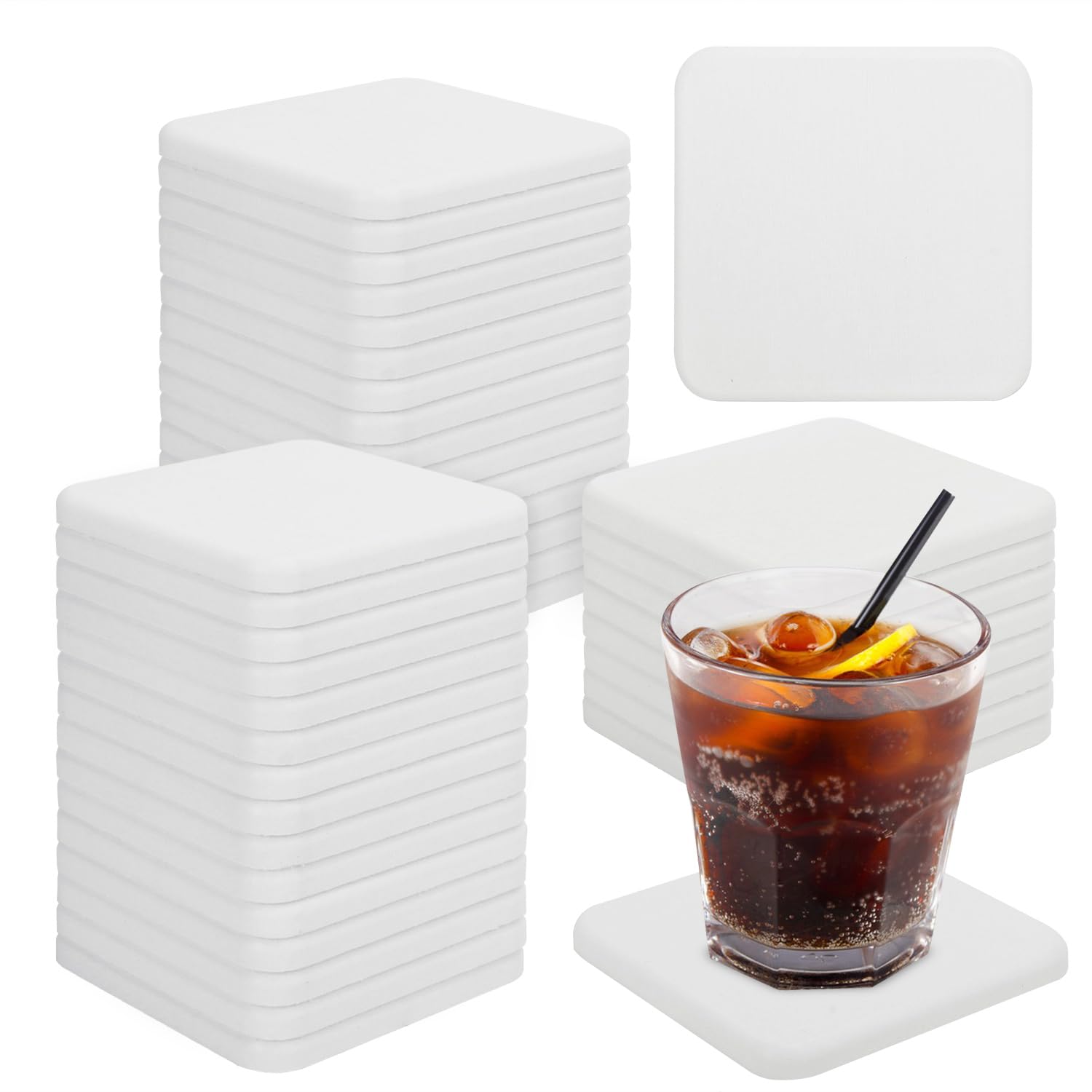 KUKLIPJIM 40 Pack 4" Square Diatomaceous Earth Coaster, Versatile Water Absorbent Diatomite Coaster, Premium Water Absorbing Bath Stone Mat for Modern