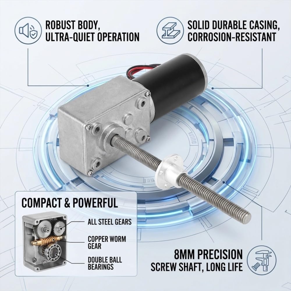 Motore ingranaggio 12V ad alto coppia, motore ingranaggio a vite a doppio albero 1280 M8, motore coassiale destro e sinistro con flangia (rapporto di riduzione 200)