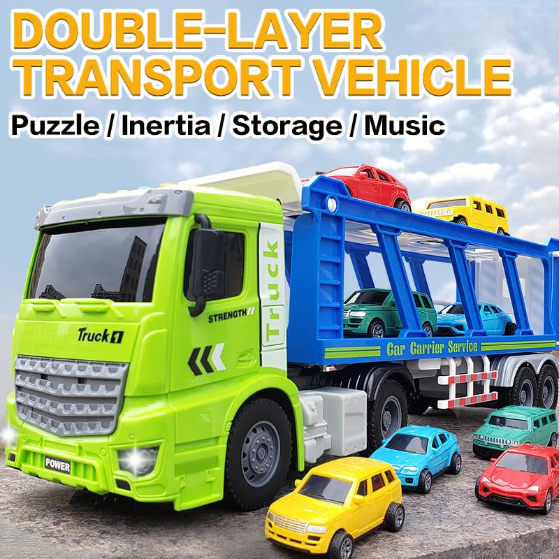 Image of RAMNATH Bilayer Car Transporter Truck Toy � Large Carrier Vehicle with 4 Die-Cast Cars, Friction Powered, Slide Ramp & Lights � Educational Push Truck Toy Gift for Kids Boys & Girls Ages 3+(I)