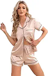 Pijama feminino adulto americano cetim toque de seda bolso e botão manga curta e short