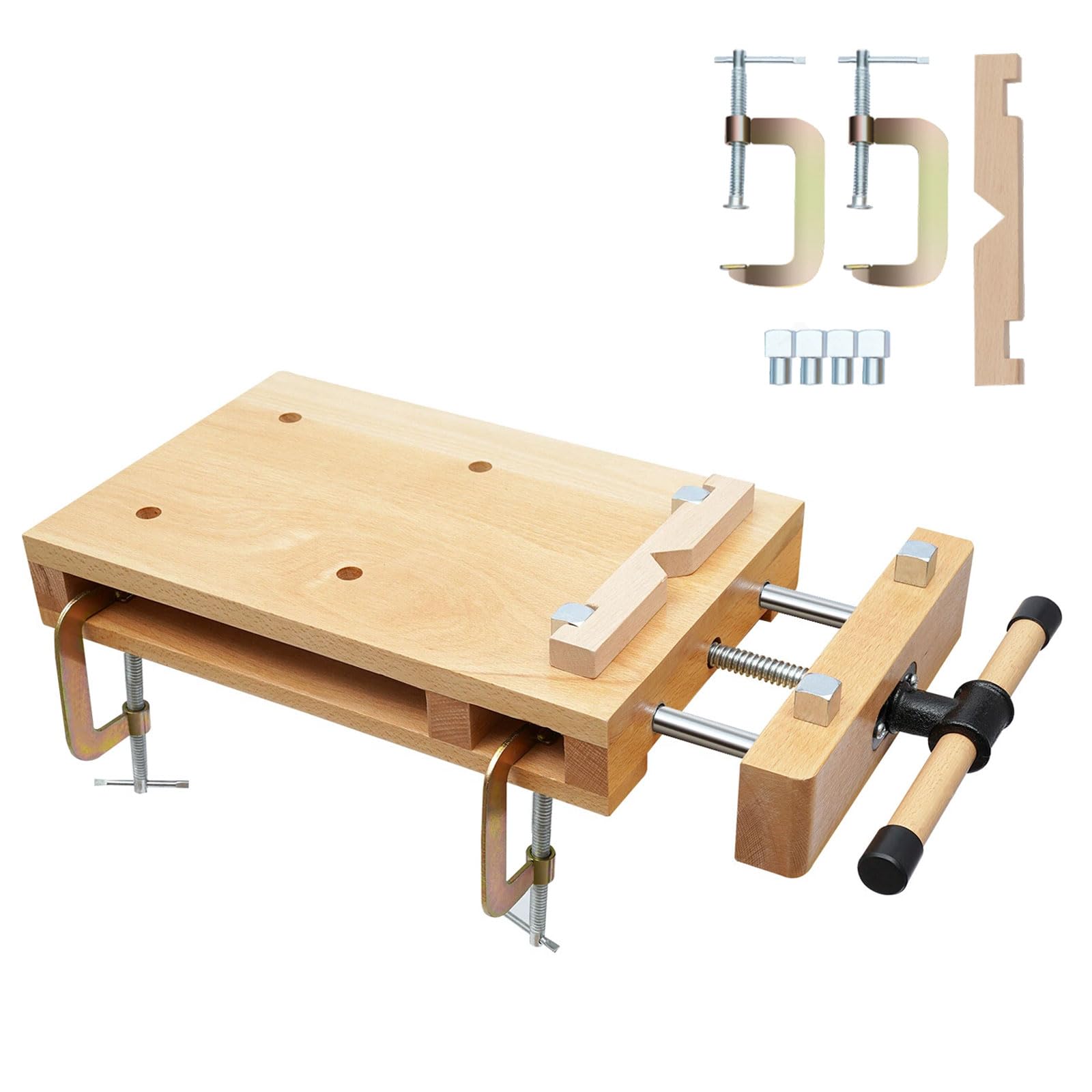 Tragbare Hobelbank, Mini Werkbank mit Schraubstock, Verstellbarer Griff, Mobil Holz Schraubstock Workbench, Werktisch aus Buchenholz für Klemmen und Hobeln, 47x28x7 cm